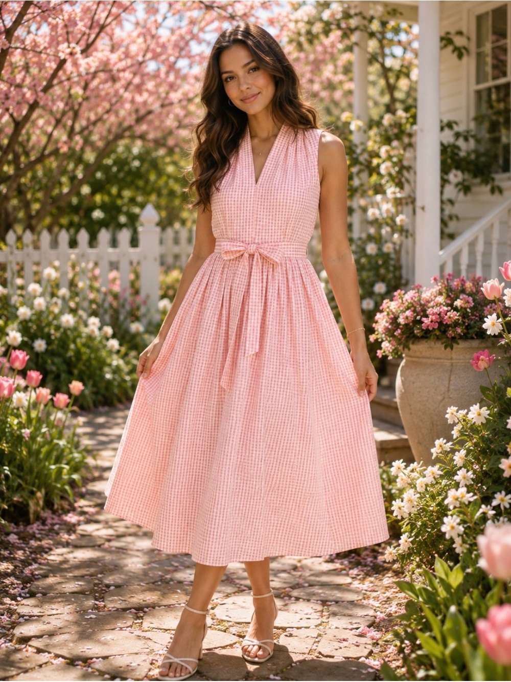 kate spade Pink Gingham Midi Dress with Waist Tie